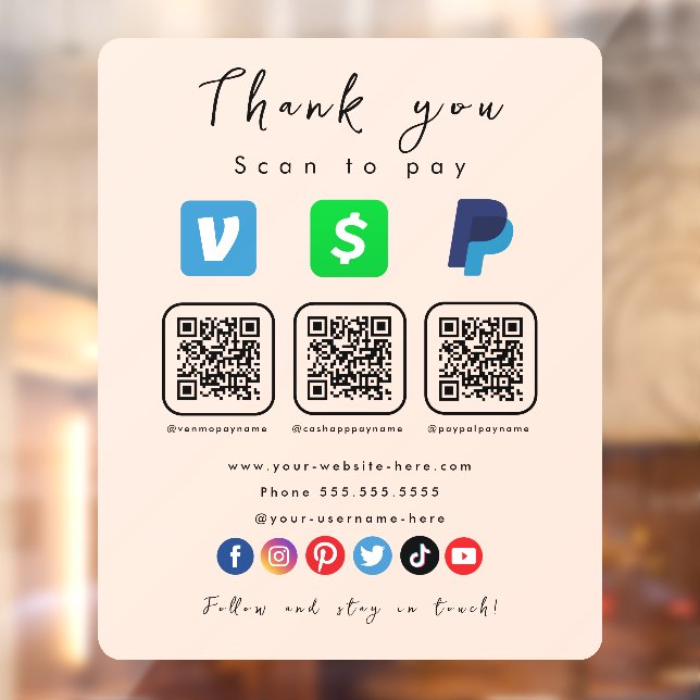 Autocollant Pour Fenêtre Soft Peach Multi QR Code Paypal Venmo Cash App (Feuille 2)