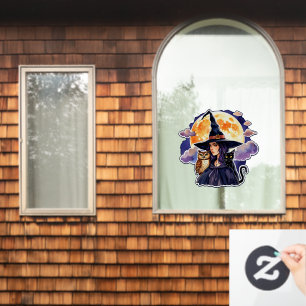 Autocollant Pour Fenêtre Sorcière avec un chat et une chouette - Halloween 