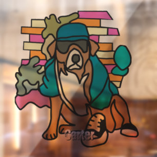 Autocollant Pour Fenêtre Street Retro Chien, Casquette et Basket   Drôle