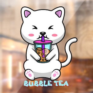Autocollant Pour Fenêtre Thé au Lait Boba Cartoon Chaton Mignon Entreprise