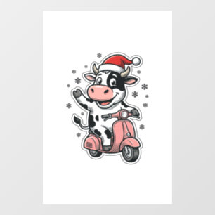Autocollant Pour Fenêtre Vache de Noël à scooter rose vintage vecteur_1
