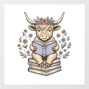 Autocollant Pour Fenêtre Vache Florale de Lecture Mignonne Pile de Livres D