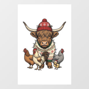 Autocollant Pour Fenêtre Vache Highland et poulets de Noël Gravure vintage