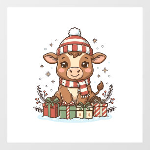 Autocollant Pour Fenêtre Veau de Noël mignon avec cadeaux Vintage Vector_1