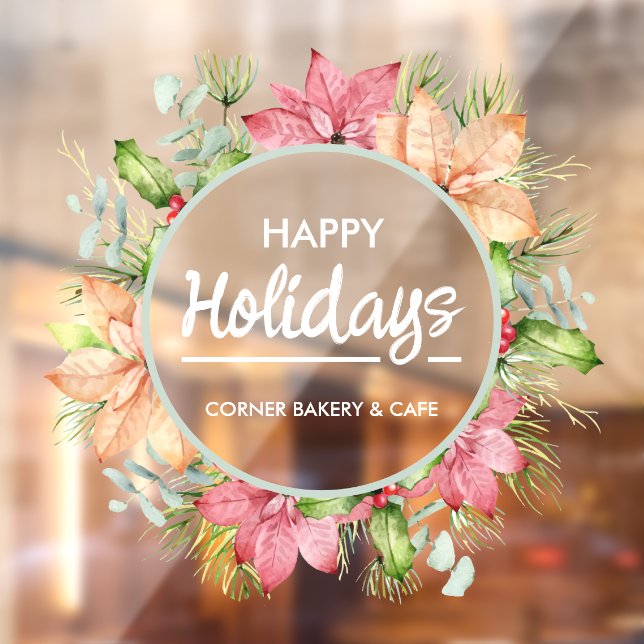 Autocollant Pour Fenêtre Verdure Poinsettia Wreath Joyeuses vacances (Feuille 2)