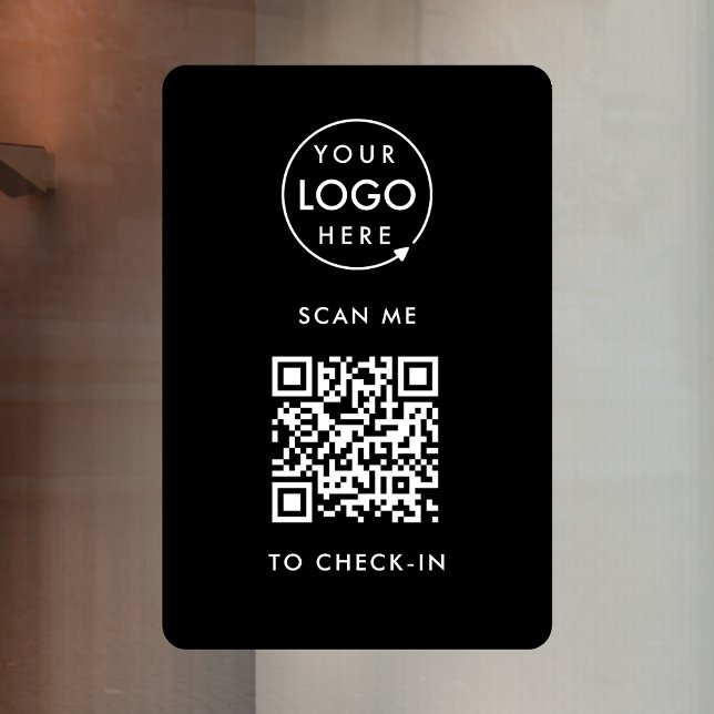 Autocollant Pour Fenêtre Vérification de code QR | Logo d'entreprise noir s (Interactive QR code check-in signage with your business logo.)