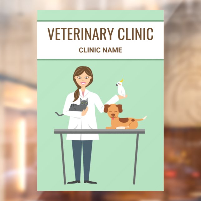 Autocollant Pour Fenêtre Vétérinaire Femme & Animaux Sur Vert (Feuille 2)