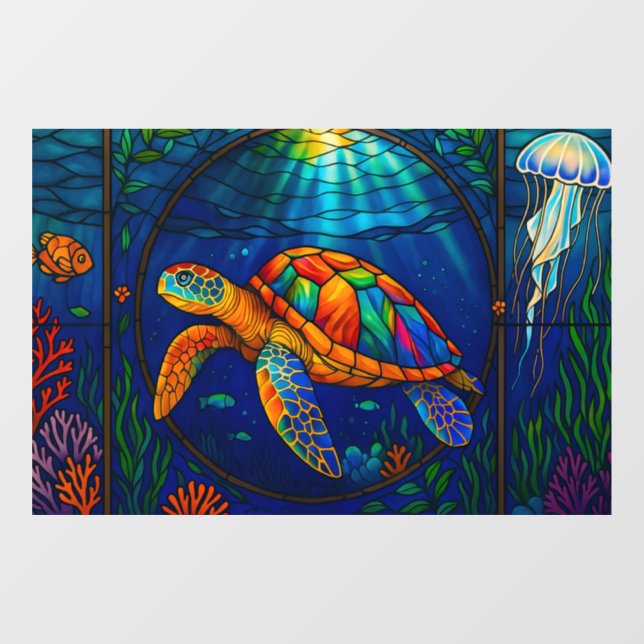 Autocollant Pour Fenêtre Vibrant Stained Glass Sea Turtle Ocean Design (Feuille)