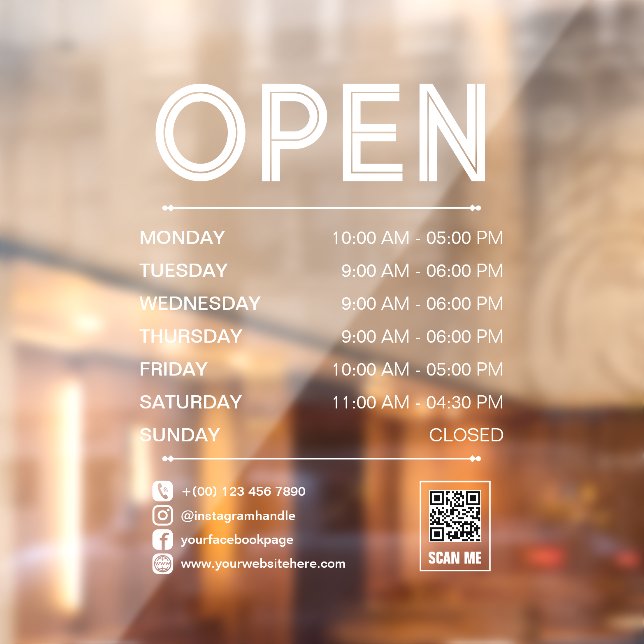 Autocollant Pour Fenêtre White Clean Heures d'ouverture pratique Qr Code (Feuille 2)