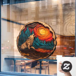 Autocollant Pour Fenêtre Wolf Howling Faux Wood Carving Wild Nature