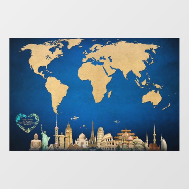 Autocollant Pour Fenêtre World Map Blue Wall Art avec devis (Feuille)