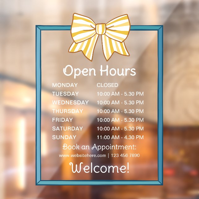 Autocollant Pour Fenêtre Yellow Striped Bow Blue Frame Open Hours Number (Feuille 2)