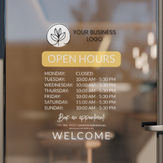 Autocollant Pour Fenêtre Yellow & White Small Business Logo Open Hours