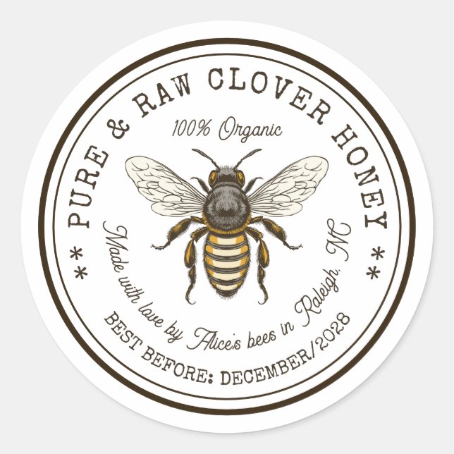 Autocollant pour miel de trèfle avec abeille vinta (Devant)