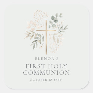 Autocollant Première Communion Croix Dorée Florale