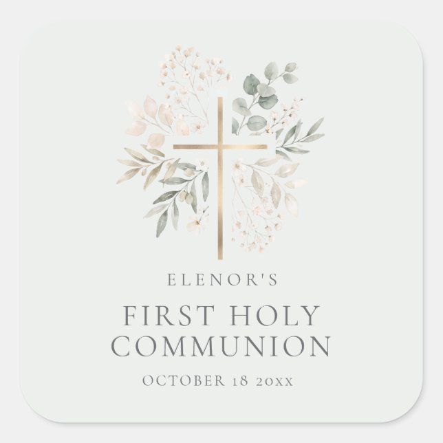 Autocollant Première Communion Croix Dorée Florale (Devant)