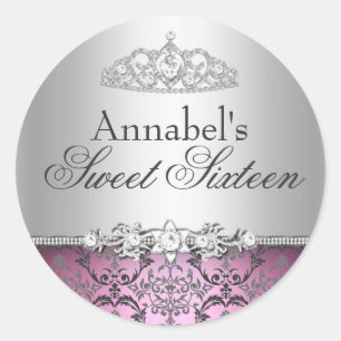 Autocollant Pretty Pink & Silver Damask Sweet 16