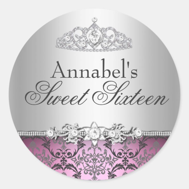 Autocollant Pretty Pink & Silver Damask Sweet 16 (Devant)