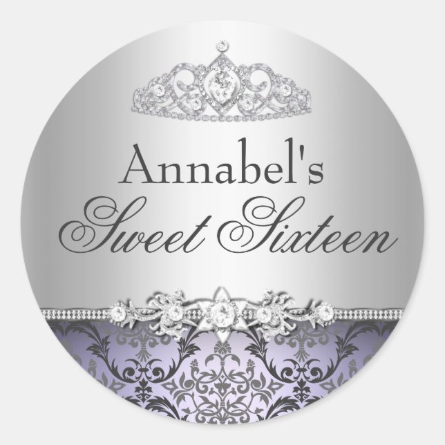 Autocollant Pretty Purple & Silver Damask Sweet 16 (Devant)