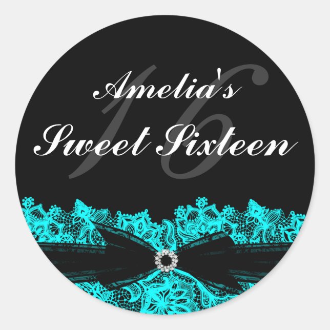 Autocollant Pretty Teal & Black Lace Sweet 16 (Devant)