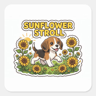 Autocollant Promenade au Tournesol — Chiot Beagle
