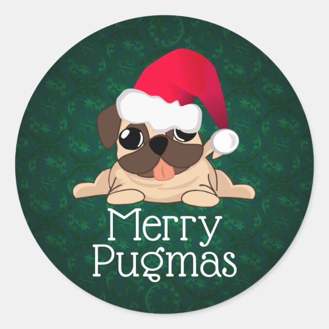 Autocollant Pug de Noël, 3 pouces (feuille de 6) (Devant)