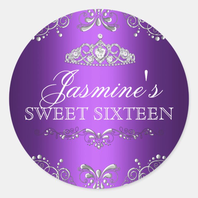 Autocollant Purple Silver Damask & Tiara Sweet 16 (Devant)