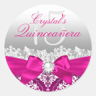 Autocollant Quinceanera à nœud en soie rose chaud 