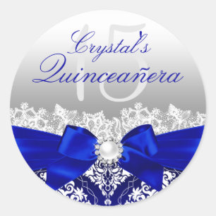 Autocollant Quinceanera Bleu Royal Damassé & Nœud