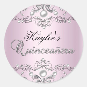 Autocollant Quinceanera damassé argent et rose per