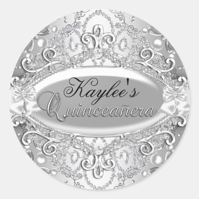 Autocollant Quinceanera Damassé Argent Perle (Devant)