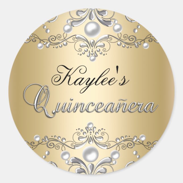 Autocollant Quinceanera Damassé Perle Argent & Or (Devant)