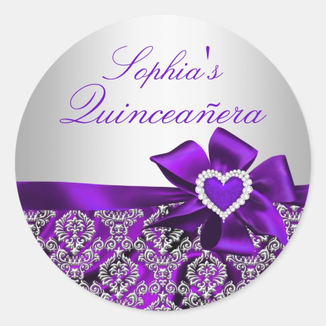 Autocollant Quinceanera Damassé Violet & Argent (Devant)