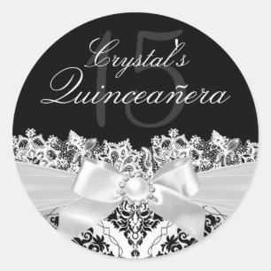 Autocollant Quinceanera Élégant Damassé Argent & N