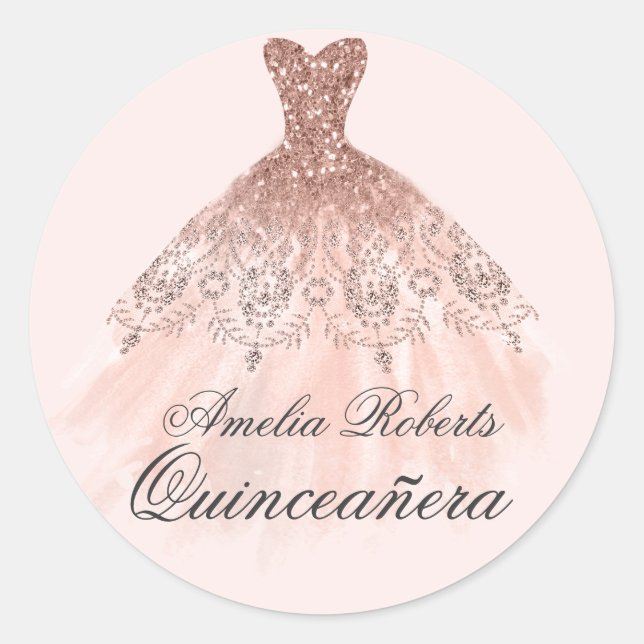 Autocollant Quinceanera rose Robe Étincelle Or (Devant)