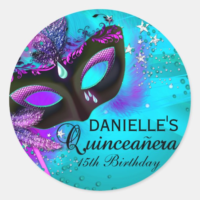 Autocollant Quinceanera sarcelle et violet Masquer (Devant)