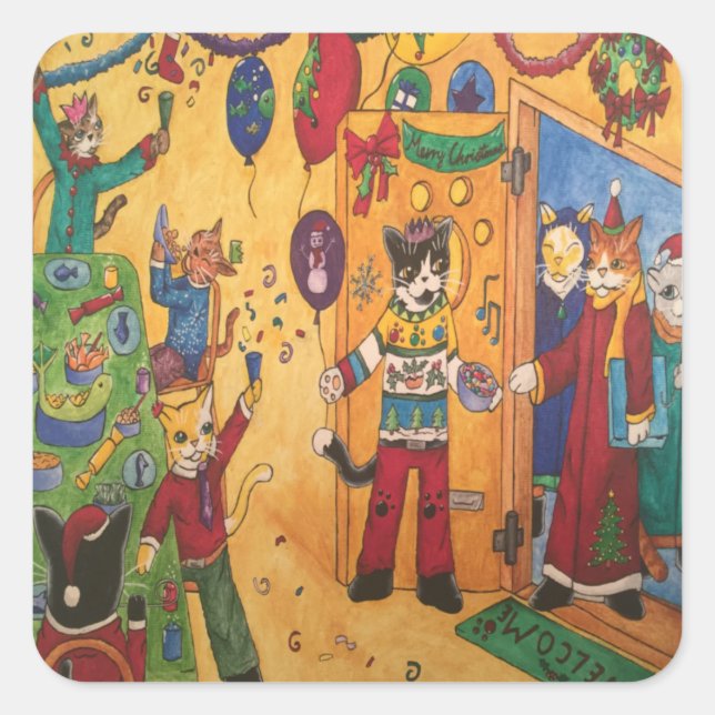 Autocollant rectangulaire des chats de fête de Noë (Devant)