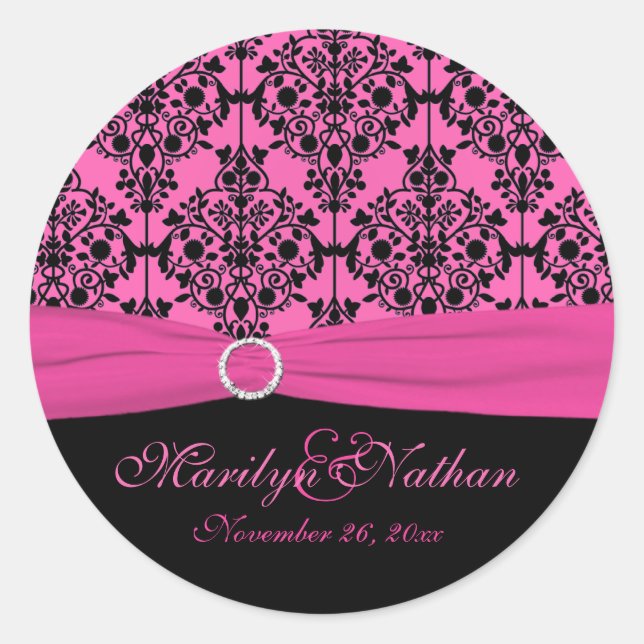 Autocollant rond 1,5 po rose et noir Damask (Devant)