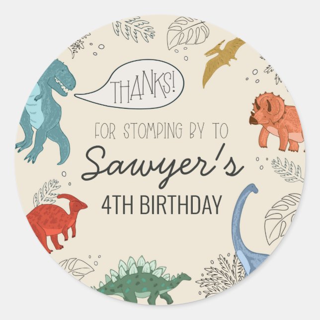 Autocollant rond anniversaire dinosaure (Devant)