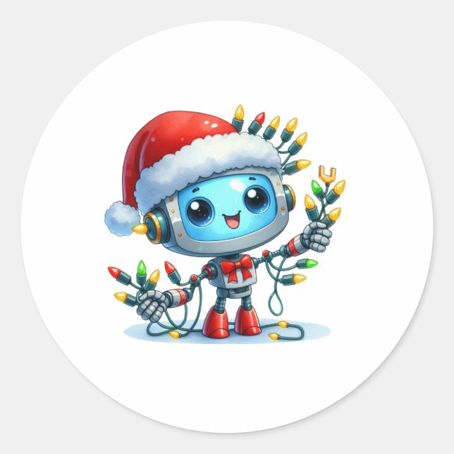 Autocollant Rond Anniversaire Noël Robot Mignon (Devant)