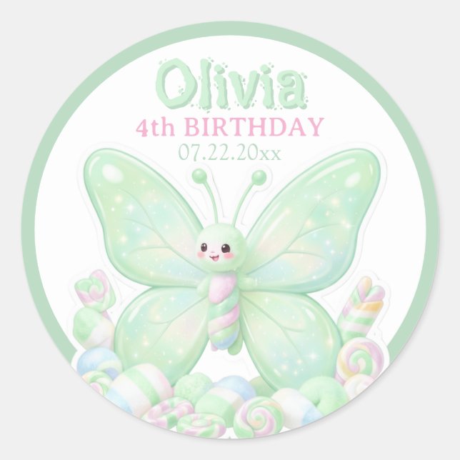 Autocollant rond anniversaire papillon vert menthe (Devant)