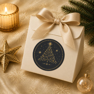 Autocollant rond arbre de Noël céleste or