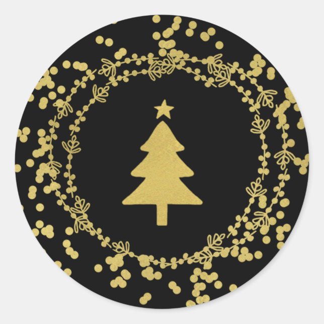 Autocollant rond Arbre de Noël Faux Foil - Or Blac (Devant)