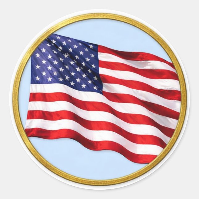 Autocollant rond avec garniture dorée Drapeau Amér (Devant)