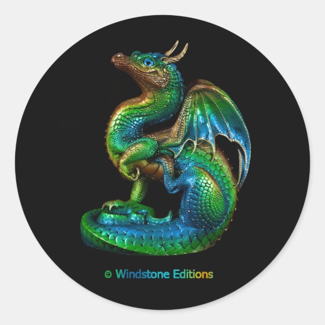 autocollant rond avec un dragon rayonnant coloré (Devant)
