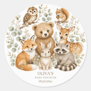 Autocollant rond Baby Shower Animaux de la forêt B