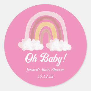 Autocollant rond Baby shower arc-en-ciel rose
