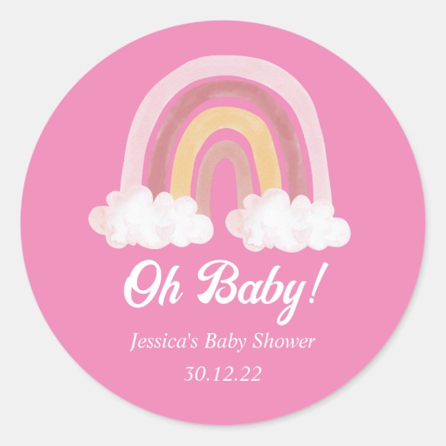 Autocollant rond Baby shower arc-en-ciel rose (Devant)