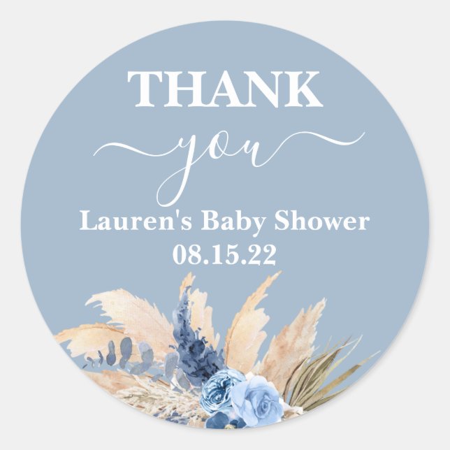 Autocollant rond Baby shower en laiton bleu Pampas (Devant)