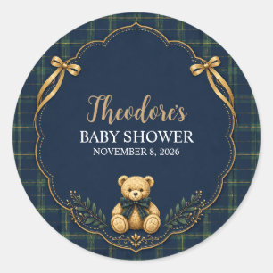Autocollant Rond Baby Shower Ours en Peluche à Car